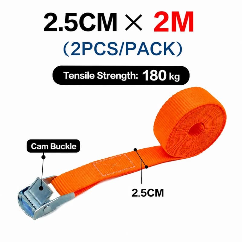 Orange cam buckle tie-down strap, 25mm wide x 2m, 2-pack
