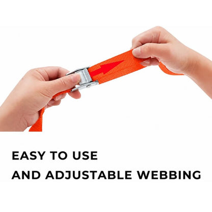 Orange tie-down strap with metal cam buckle, adjusted by hands