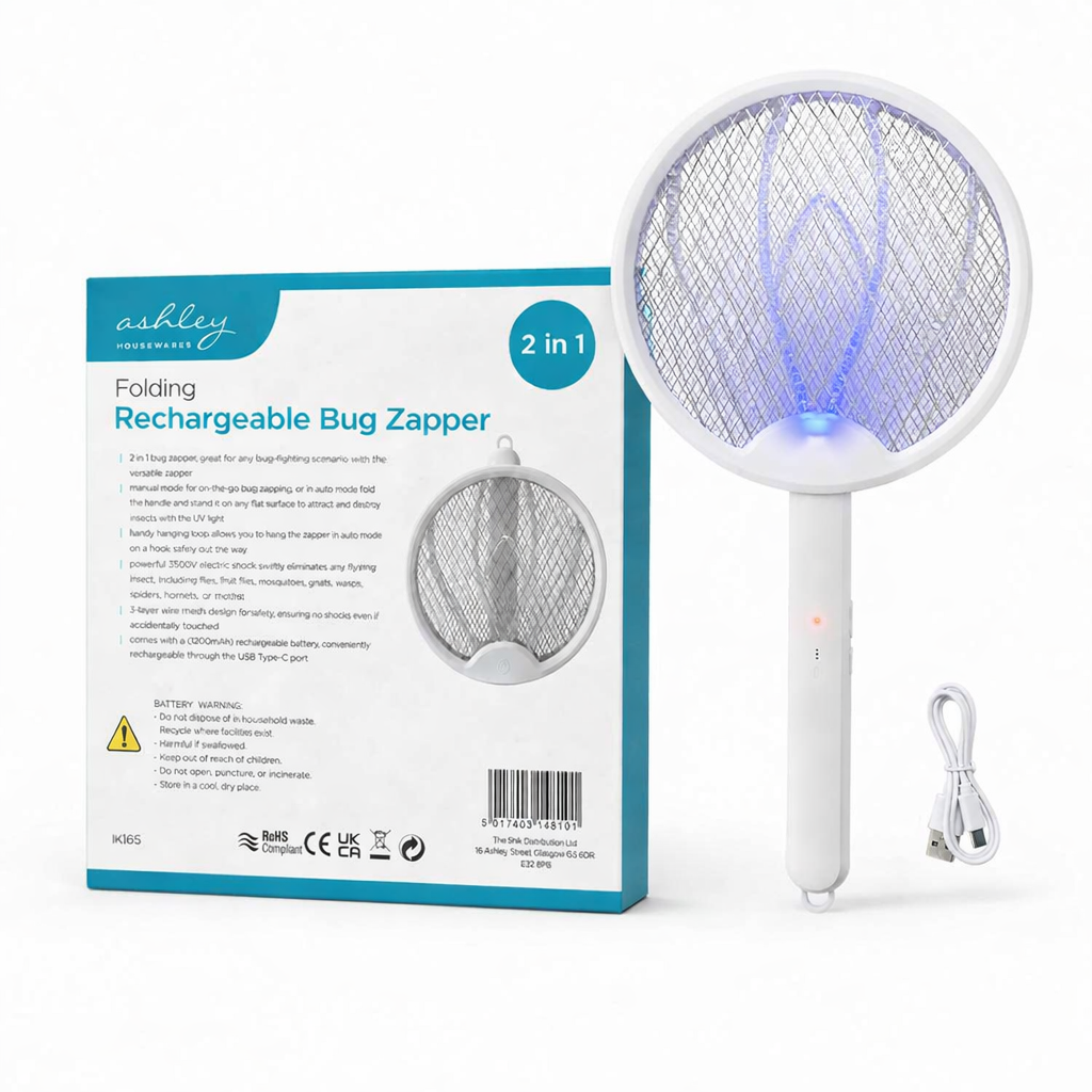 Folding rechargeable bug zapper with blue mesh head, white handle, and included USB-C cable.