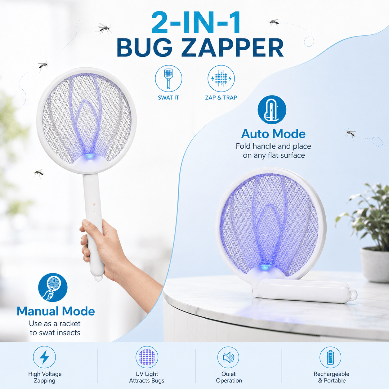 Two-in-one bug zapper racket with blue glowing mesh head and white collapsible handle.