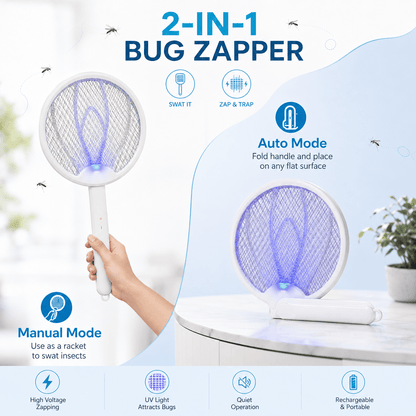 Two-in-one bug zapper racket with blue glowing mesh head and white collapsible handle.