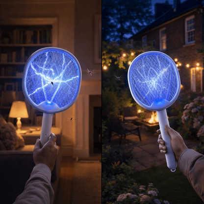 Electric bug zapper racket with blue glowing mesh held in two hands outdoors at night.