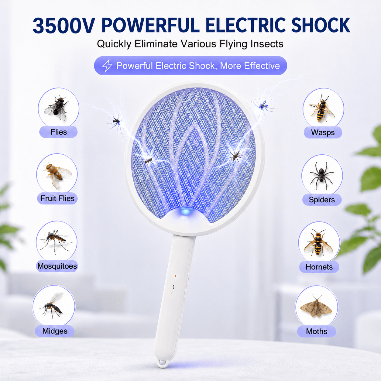 Electric bug zapper racket with blue glowing safety mesh and white foldable handle.