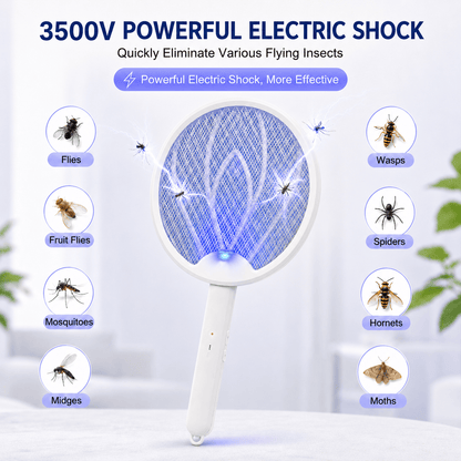 Electric bug zapper racket with blue glowing safety mesh and white foldable handle.