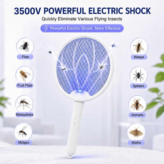 Electric bug zapper racket with blue glowing safety mesh and white foldable handle.
