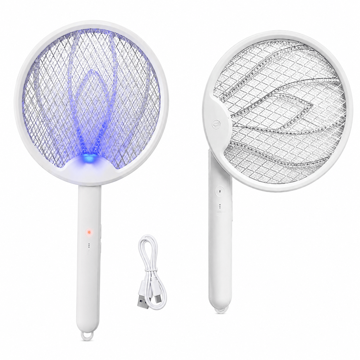 Bug zapper racket with blue glowing mesh head, white handle, and foldable design.