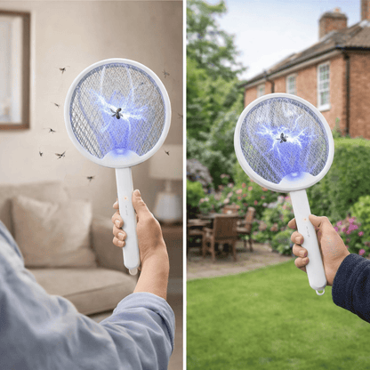 Bug zapper racket with blue glowing mesh head in hand outdoors and near a doorway.