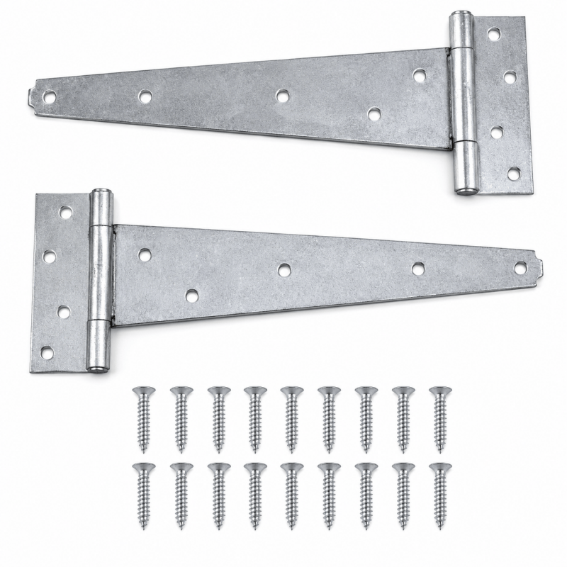 Pair of galvanized T hinges with screws, hardware set