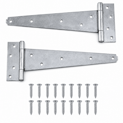 Pair of galvanized T hinges with screws, hardware set