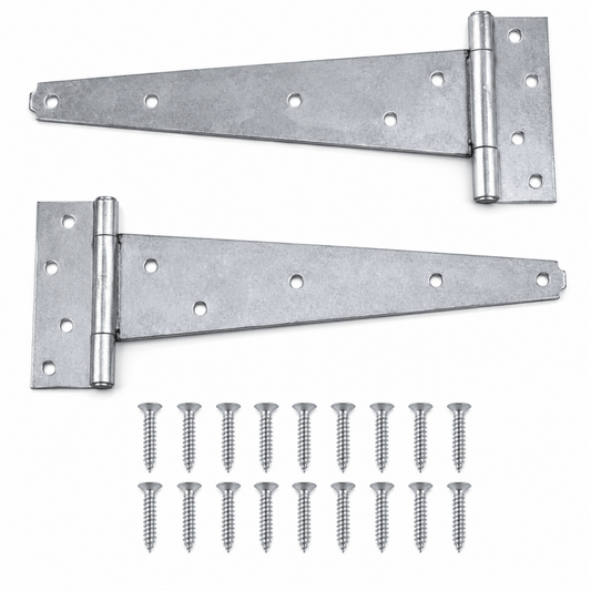 Pair of galvanized T hinges with screws, hardware set