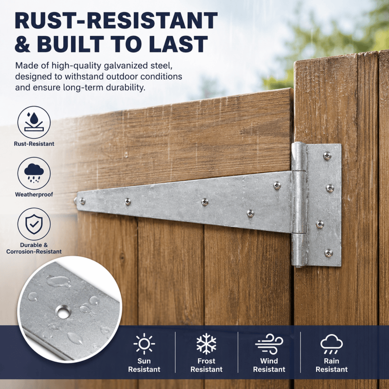 Galvanized T hinge with screws on wooden fence door
