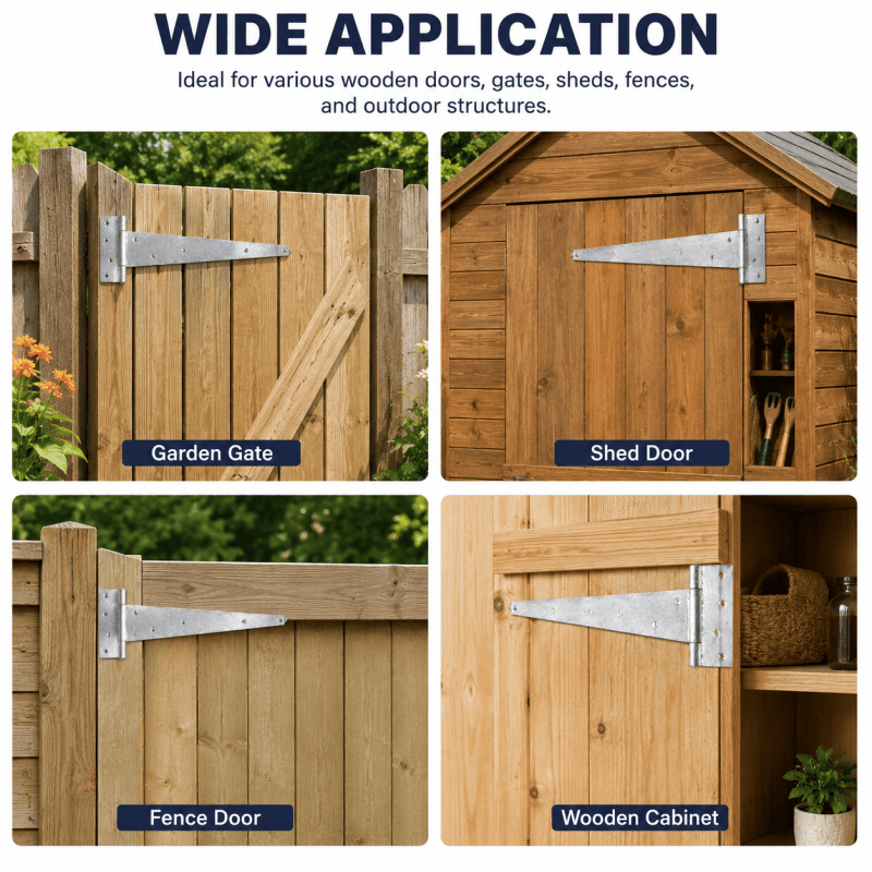 Metal T hinges with mounting screws on wooden gate door