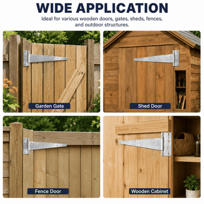 Metal T hinges with mounting screws on wooden gate door