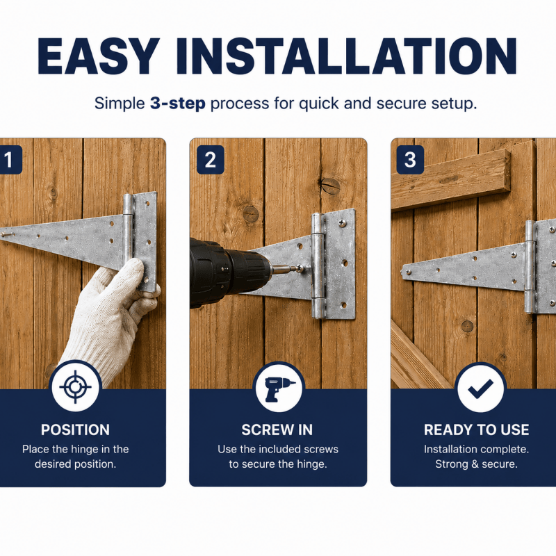 Galvanized T hinge installation showing screws driven into door