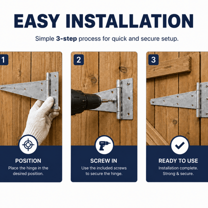 Galvanized T hinge installation showing screws driven into door