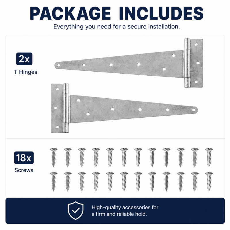 Set of 2 galvanized T hinges with screws for gate, fence, or shed doors