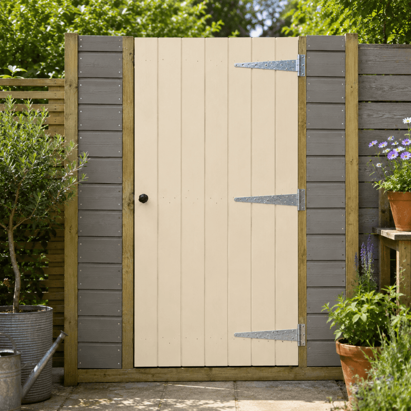 Mounted T hinges with screws on outdoor wooden gate