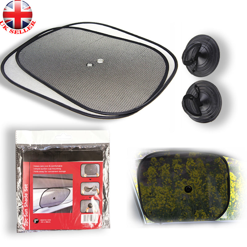 Gray oval car sun shade with black trim and two suction cups