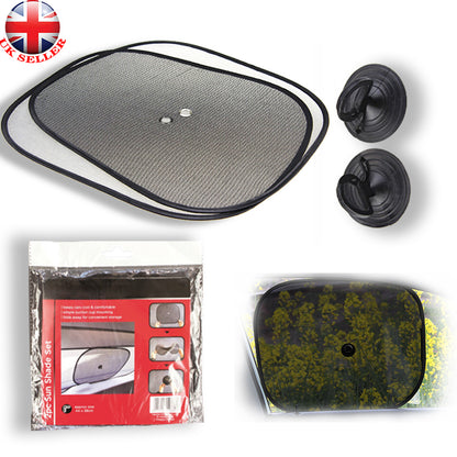 Gray oval car sun shade with black trim and two suction cups