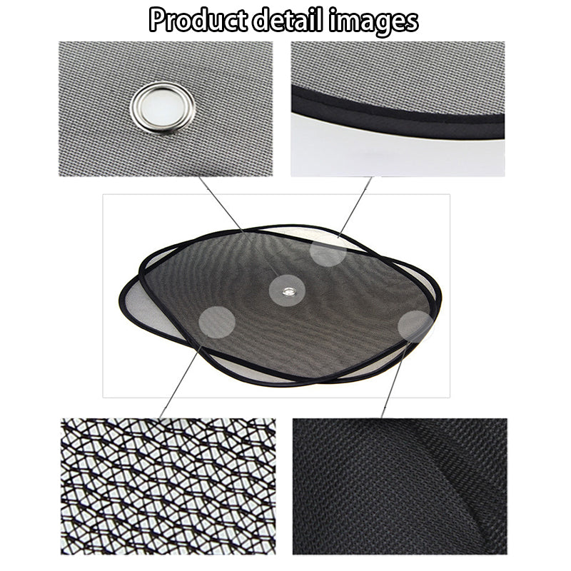 Gray mesh car sun shade detail with black trim and suction cup attachment points