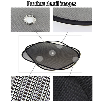 Gray mesh car sun shade detail with black trim and suction cup attachment points