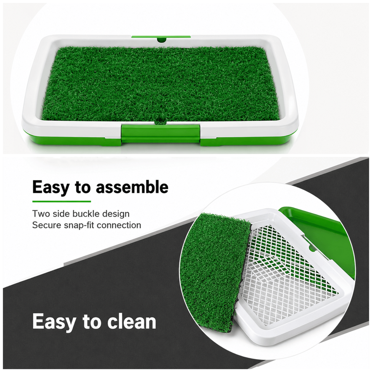 Dog grass toilet tray showing green artificial turf and snap-fit removable grid section