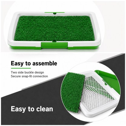 Dog grass toilet tray showing green artificial turf and snap-fit removable grid section