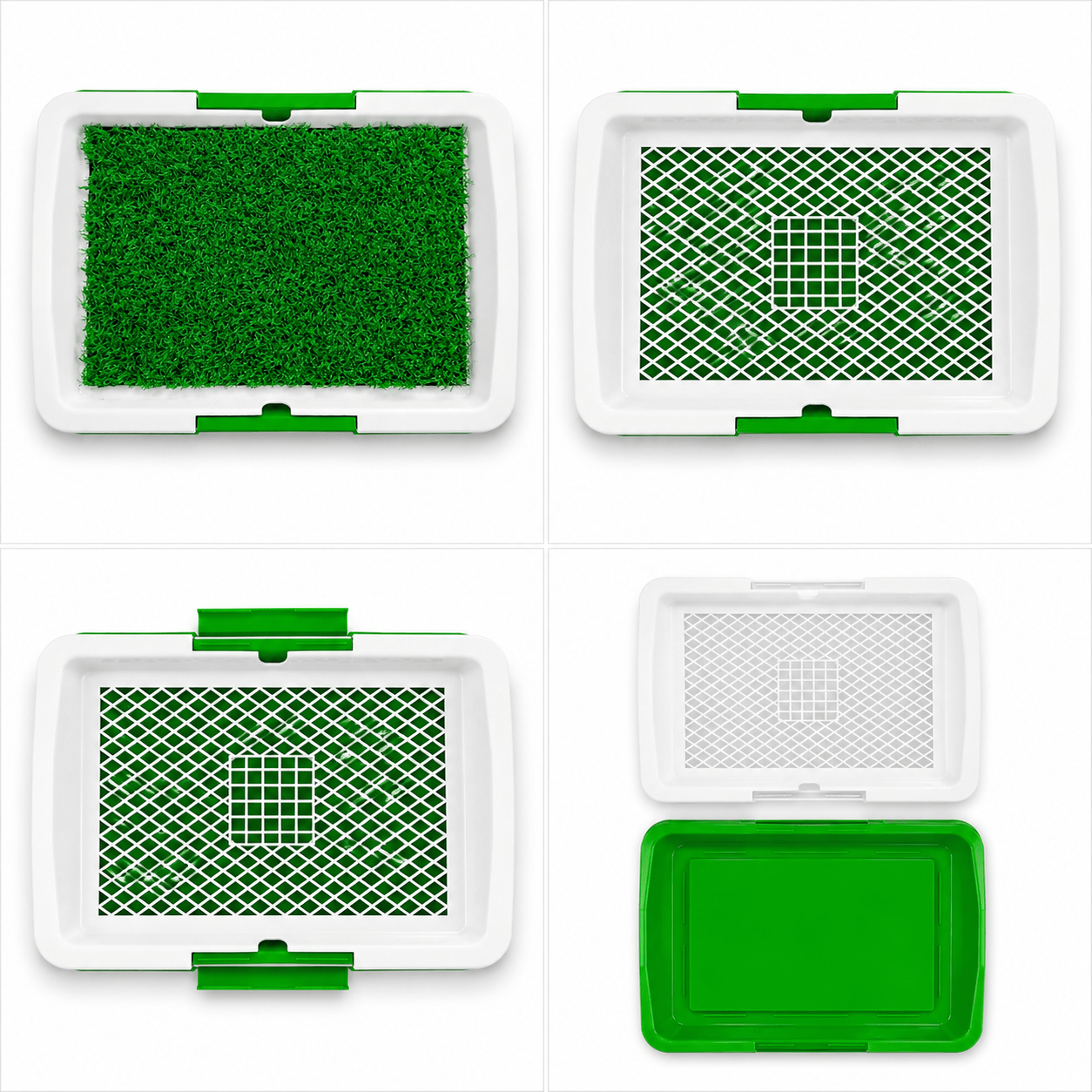 Artificial grass dog toilet tray with grid insert and hinged green handles