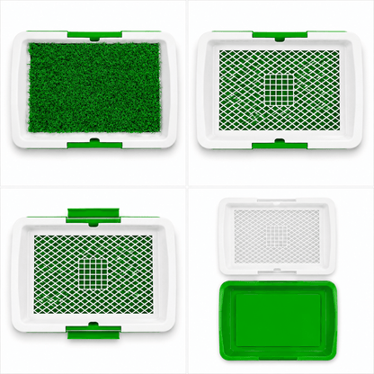 Artificial grass dog toilet tray with grid insert and hinged green handles