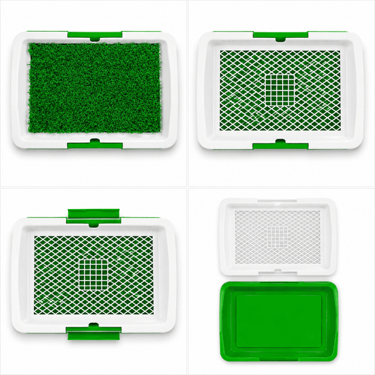 Artificial grass dog toilet tray with grid insert and hinged green handles