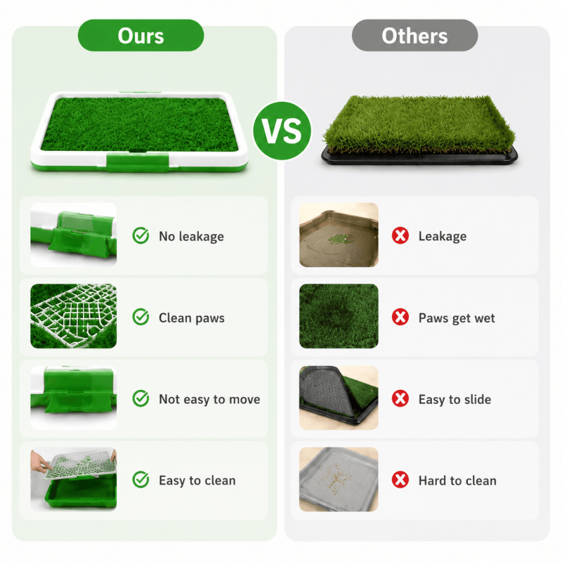 Comparison layout of green grass dog toilet tray with hinged accessory pieces
