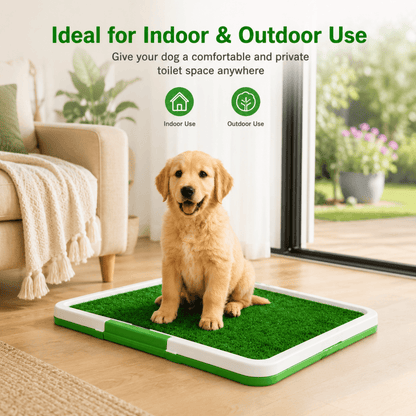 Dog toilet tray with green artificial grass pad and white outer frame