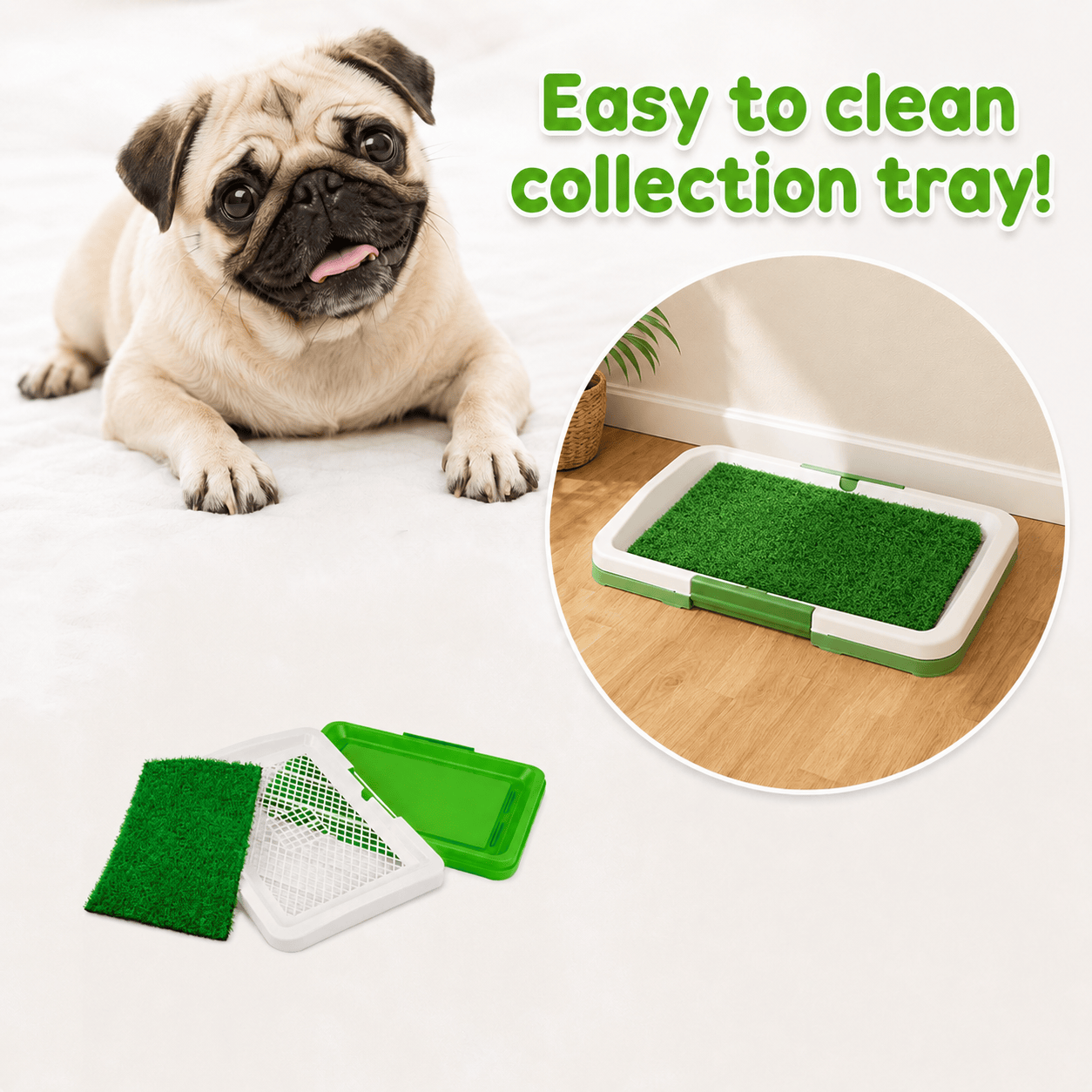 Dog grass toilet training mat with removable tray, green artificial grass panel