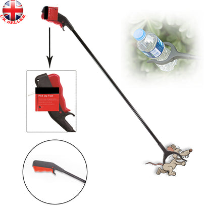 Litter grabber reach tool with long black pole and red trigger claw gripper