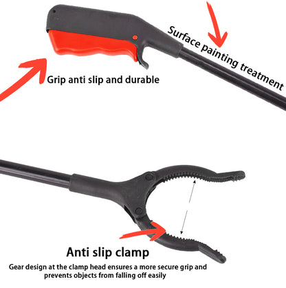 Litter grabber handle with red non-slip grip and textured black claw clamp tips