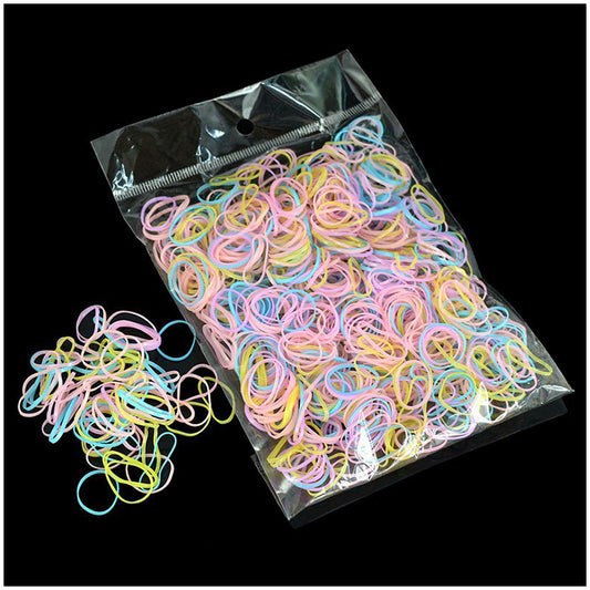 Pack of pastel multicolor disposable hair elastics in a plastic bag