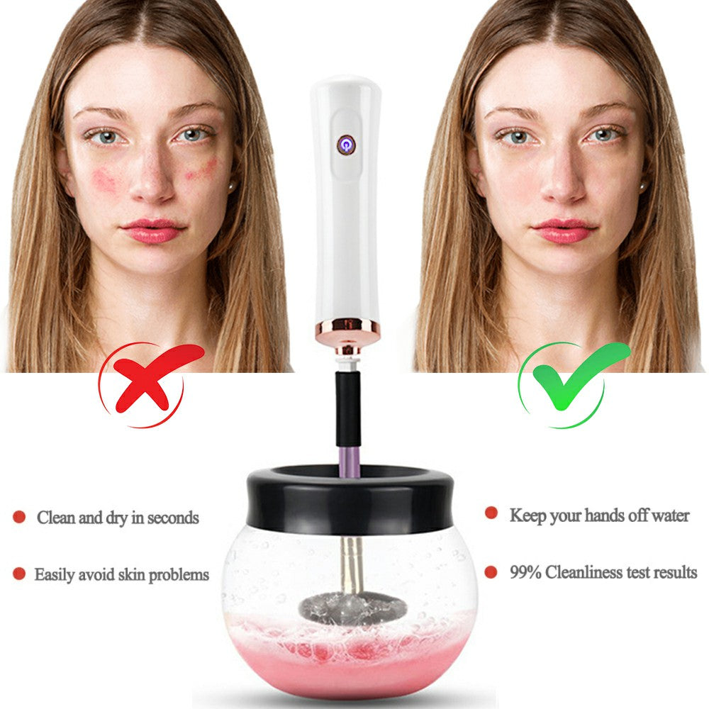 Electric makeup brush cleaner dryer set with white handle and clear bowl of pink water