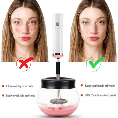 Electric makeup brush cleaner dryer set with white handle and clear bowl of pink water