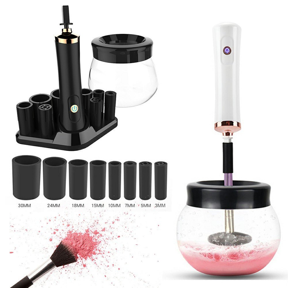 Makeup brush cleaner dryer set with white and black units on a brush holder stand