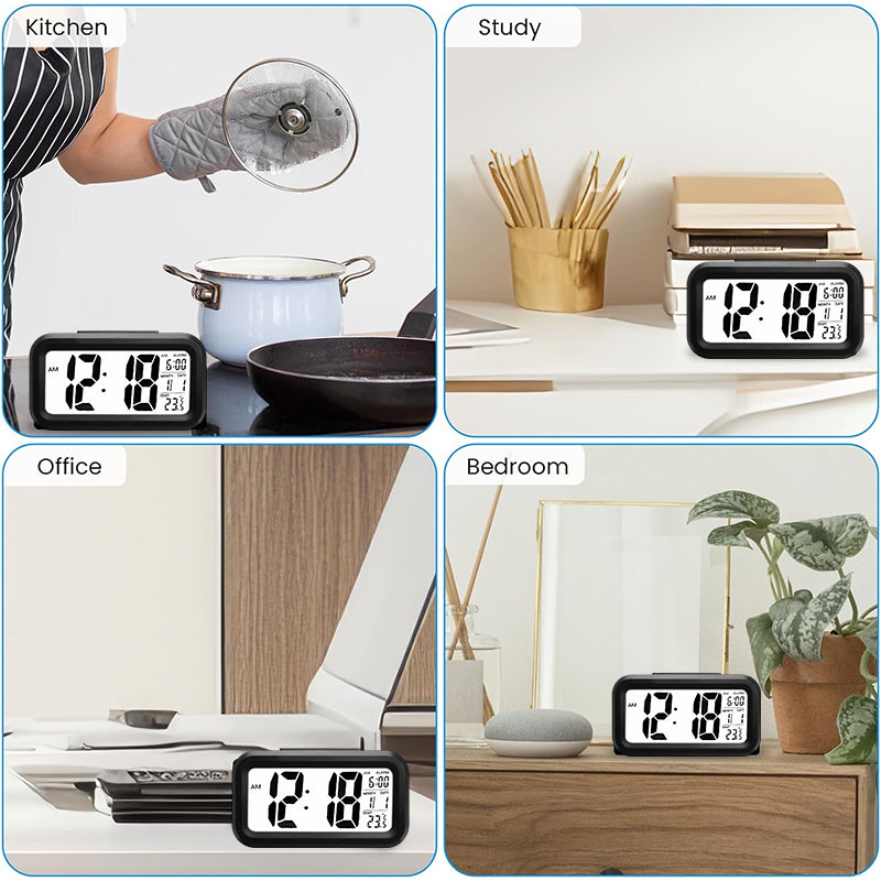 Black LED digital alarm clock in use, showing time and date with temperature on screen