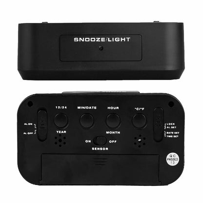Black LED digital alarm clock back with buttons, year/month controls, and temperature display