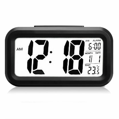 Black LED digital alarm clock front showing time, month, date, and temperature in bright digits
