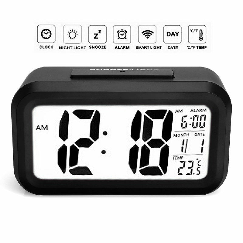Black LED digital alarm clock with icons and large time, month/date, and temperature readouts