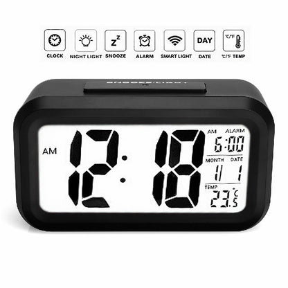 Black LED digital alarm clock with icons and large time, month/date, and temperature readouts