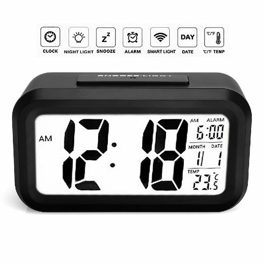 Black LED digital alarm clock with icons and large time, month/date, and temperature readouts