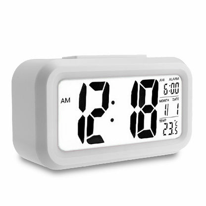White digital LED alarm clock with large time, AM/PM, date and temperature display
