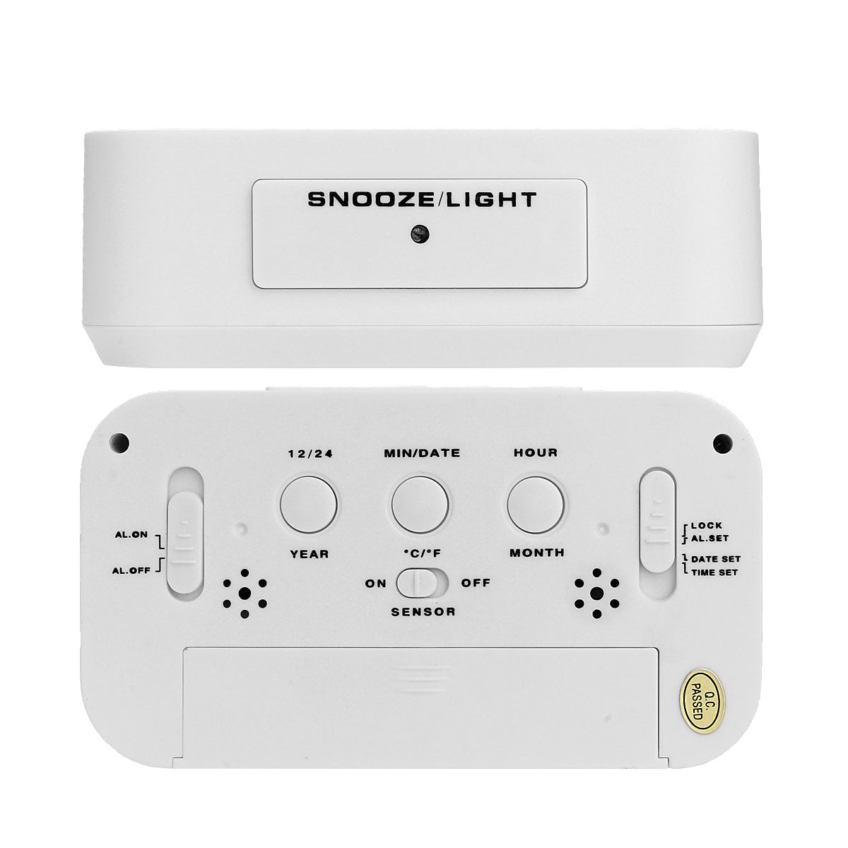 White digital alarm clock back panel with snooze/light button, dials, and sensor