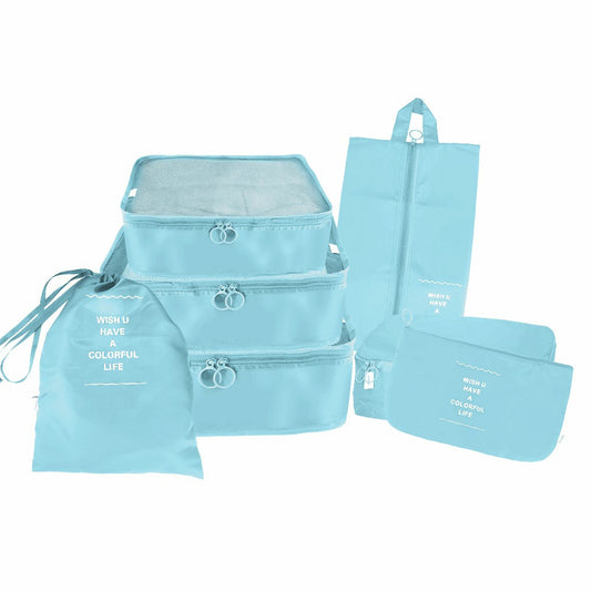 Blue zippered packing cubes and pouches set for travel organization, 7 pieces