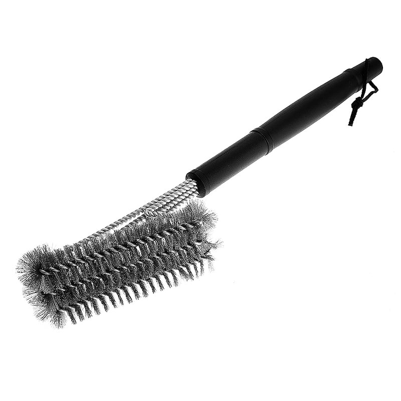 Grill brush head with dense stainless steel wire bristles on a black handle