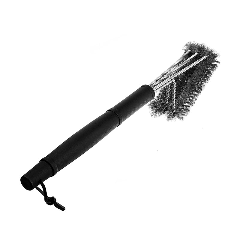 Barbeque grill brush with black handle end cap and stainless steel wire brush head